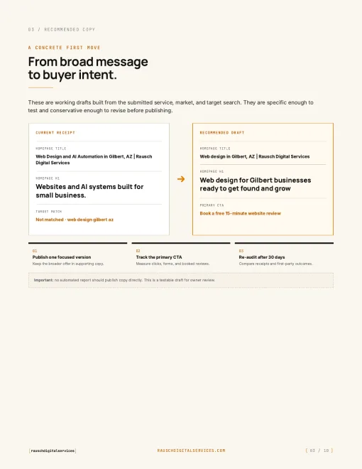 Sample recommended homepage copy page