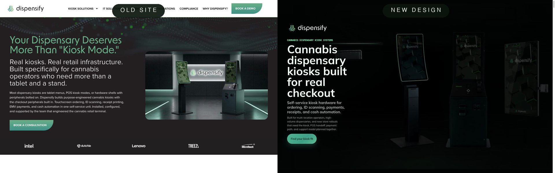 Side-by-side view of the original and rebuilt Dispensify website