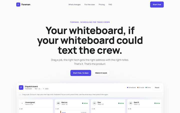 Foreman concept site: scheduling software for trade crews