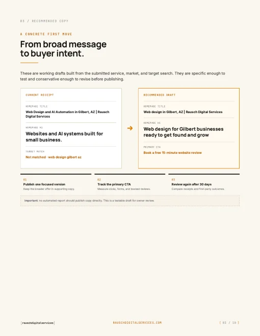 Sample recommended homepage copy page