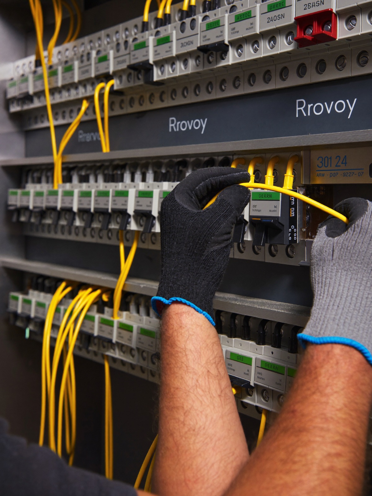 Electrician's gloved hands wiring a breaker panel