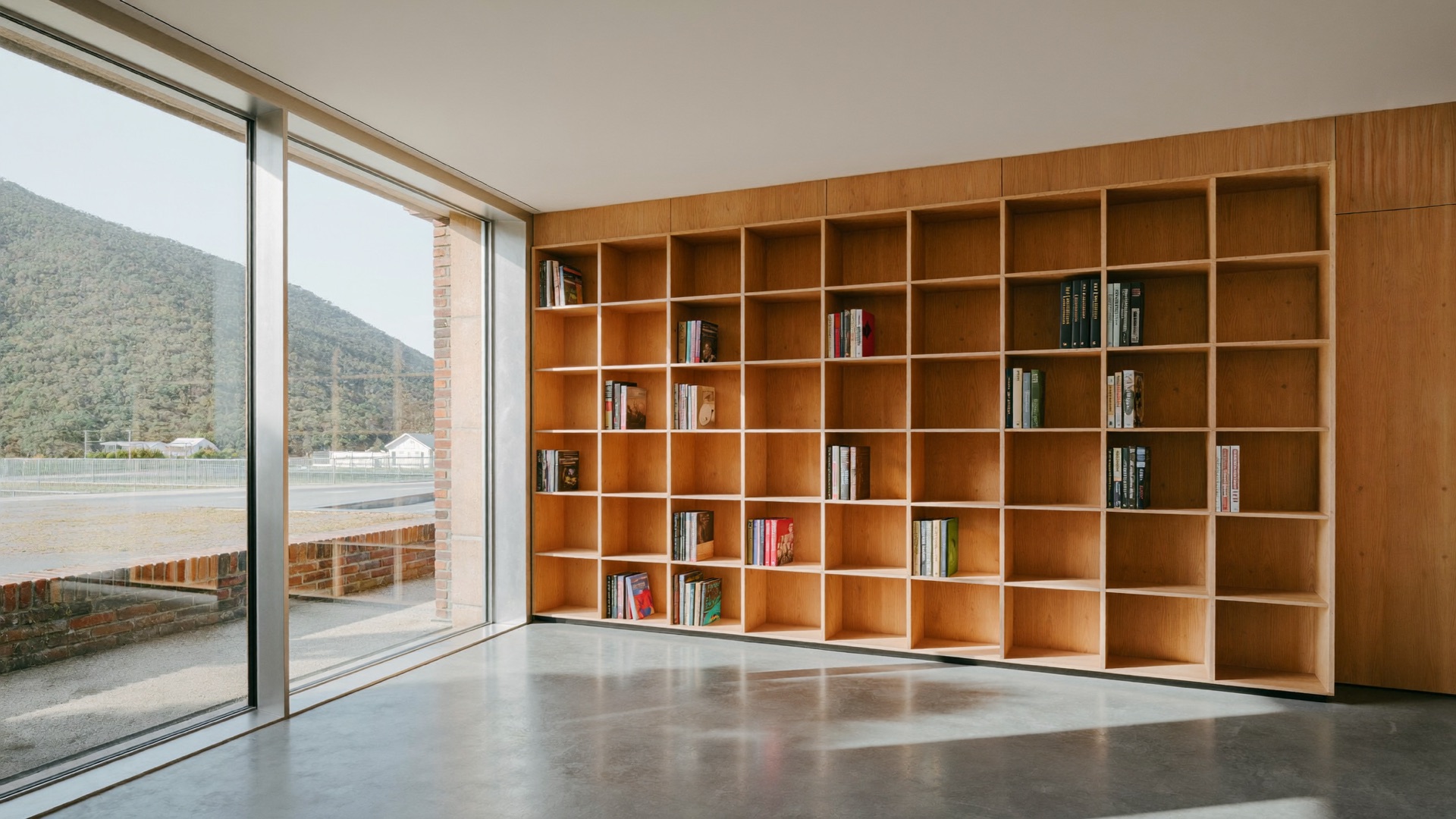 Juniper Ridge Library interior with warm wood shelving and a broad window opening to mountain light